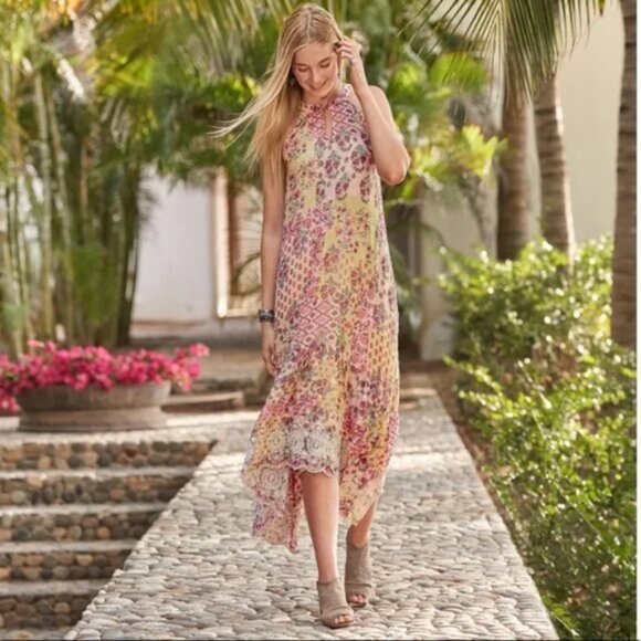Sundance Dresses & Skirts - SUNDANCE Carabelle Halter Neck Dress Boho Patchwork Print Floral Lace size 8